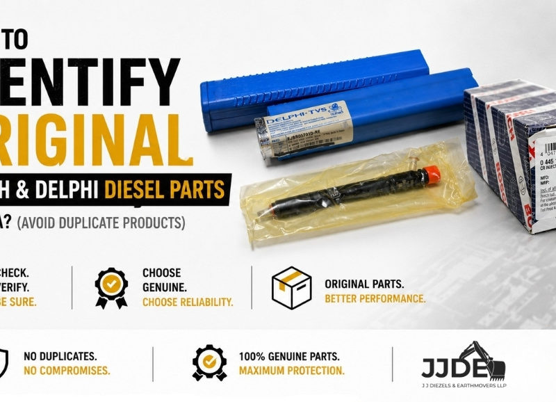 Original Bosch and Delphi diesel injectors with packaging showing how to identify genuine diesel parts in India