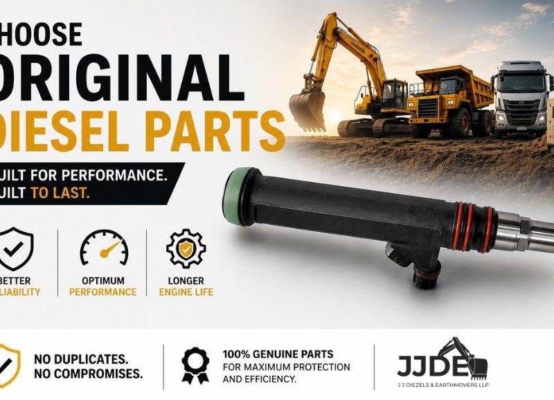 Industrial diesel injector with heavy equipment and “Choose Original Diesel Parts” banner for genuine engine performance and reliability